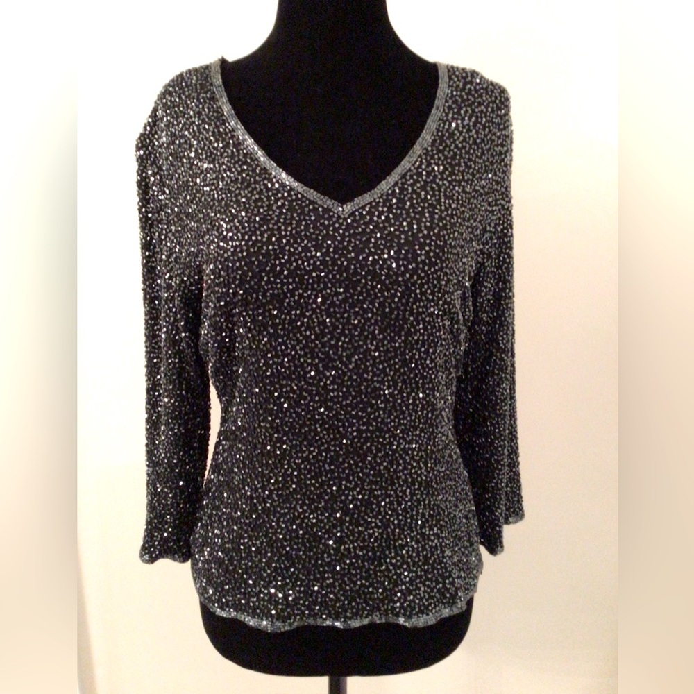 HOLT RENFREW COLLECTION Black Silk Glitter Bead V-Neck Top Women 10 US